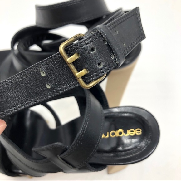 SERGIO ROSSI black leather & fabric, ankle wrap sandals, size 39, made in Italy - Picture 14 of 15